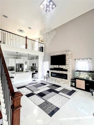 Chandelier, Fireplace, Interior, Kitchen, Marble