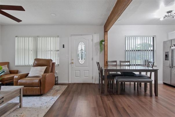 Dining room, Interior, Recessed Lighting, Wooden Beams, Wood Texture Flooring