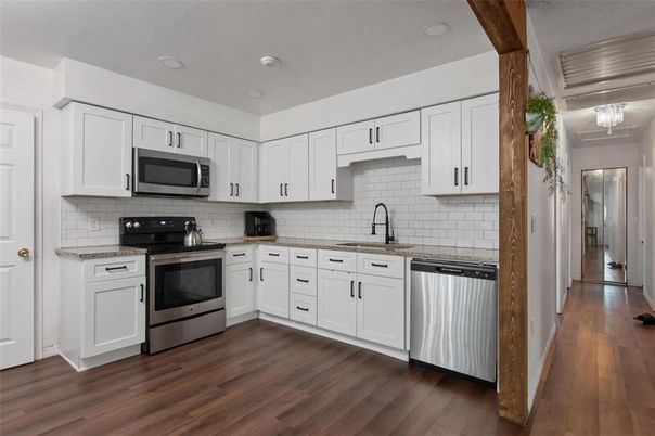 Interior, Kitchen, Recessed Lighting, Stainless Steel Appliances, Wood Texture Flooring