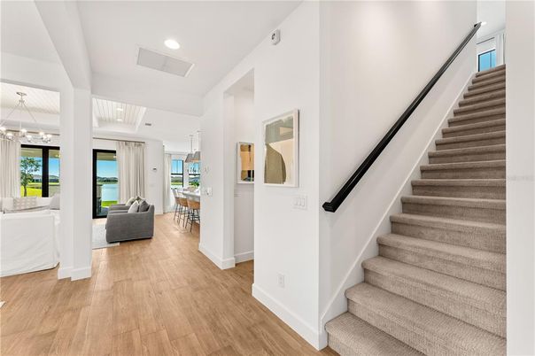 Dining room, Interior, Pendant Lights, Recessed Lighting, Water, Wood Texture Flooring