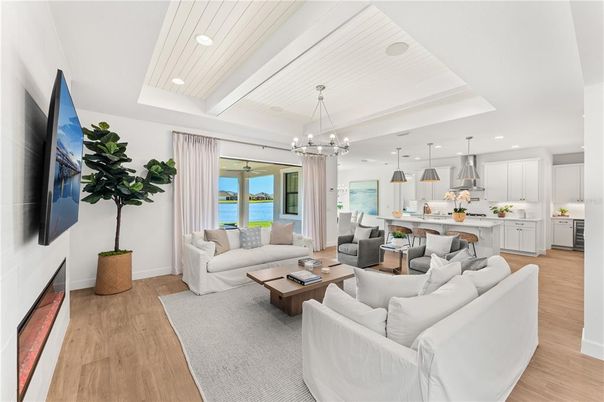 Interior, Kitchen, Living room, Pendant Lights, Recessed Lighting, Water, Wood Texture Flooring