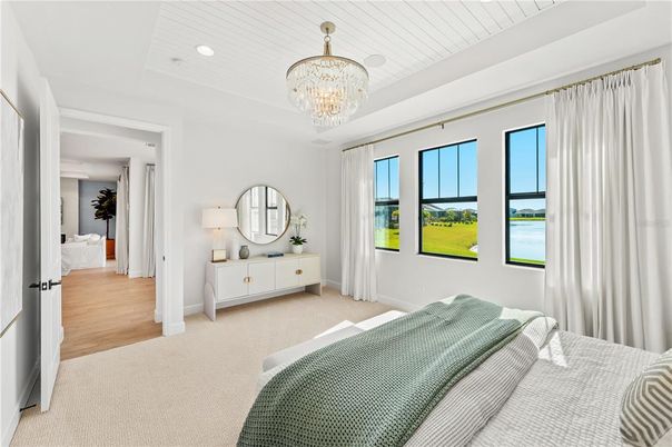 Bedroom, Chandelier, Interior, Recessed Lighting, Water, Wood Texture Flooring