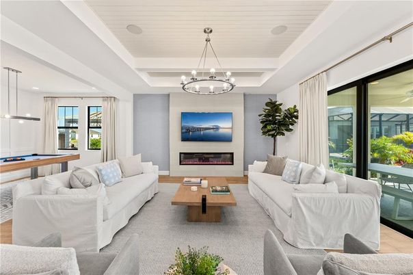 Billiard Table, Fireplace, Game Room, Interior, Living room, Pendant Lights, Recessed Lighting
