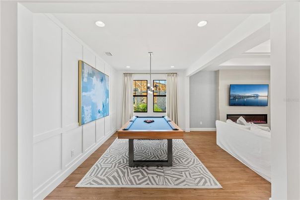 Billiard Table, Game Room, Interior, Pendant Lights, Recessed Lighting, Wood Texture Flooring