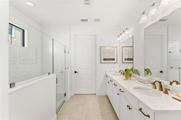 Bathroom, Dual Sink Vanities, Glass Shower, Interior, Recessed Lighting