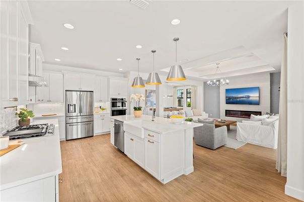 Fireplace, Interior, Kitchen, Living room, Pendant Lights, Recessed Lighting, Stainless Steel Appliances, Wood Texture Flooring
