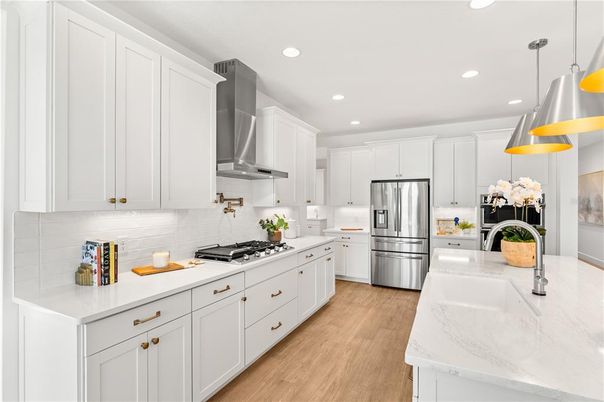 Interior, Kitchen, Pendant Lights, Recessed Lighting, Stainless Steel Appliances, Wood Texture Flooring