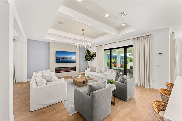 Fireplace, Interior, Living room, Pendant Lights, Recessed Lighting, Wood Texture Flooring
