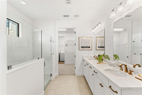 Bathroom, Dual Sink Vanities, Glass Shower, Interior, Recessed Lighting