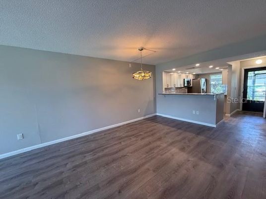 Chandelier, Empty room, Interior, Kitchen, Recessed Lighting, Wood Texture Flooring