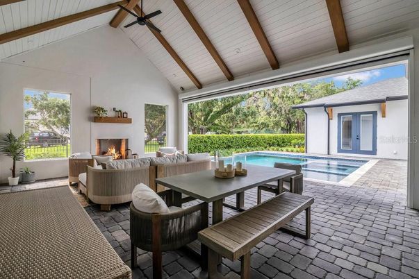 Dining room, Fireplace, Interior, Living room, Pool, Wooden Beams