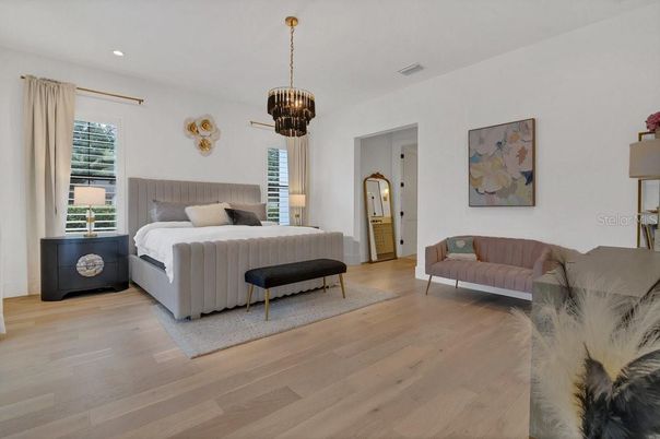 Bedroom, Interior, Pendant Lights, Recessed Lighting, Wood Texture Flooring