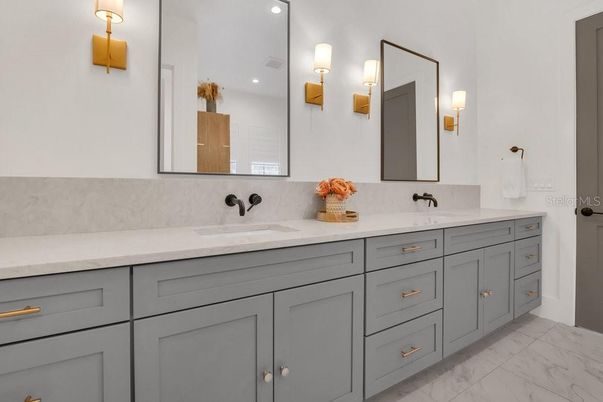 Bathroom, Dual Sink Vanities, Interior, Marble, Recessed Lighting