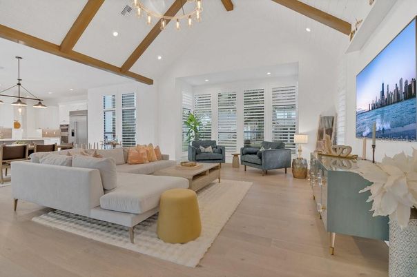 Dining room, Interior, Kitchen, Living room, Pendant Lights, Recessed Lighting, Wooden Beams, Wood Texture Flooring