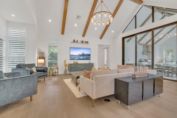Dining room, Interior, Living room, Pendant Lights, Recessed Lighting, Wooden Beams, Wood Texture Flooring