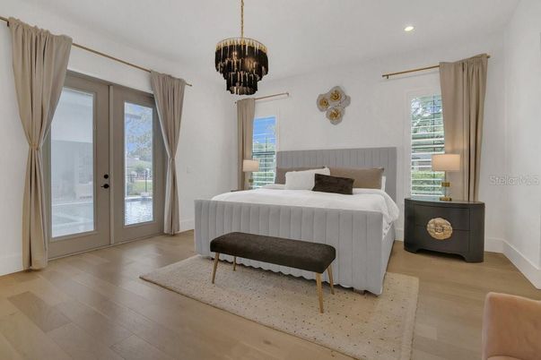 Bedroom, Chandelier, Interior, Recessed Lighting, Wood Texture Flooring