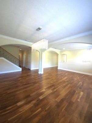 Chandelier, Empty room, Interior, Recessed Lighting, Wood Texture Flooring
