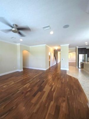Empty room, Interior, Kitchen, Recessed Lighting, Wood Texture Flooring