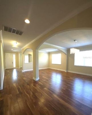 Chandelier, Empty room, Interior, Recessed Lighting, Wood Texture Flooring