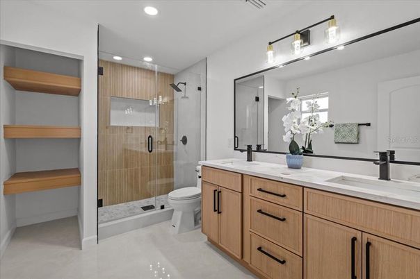 Bathroom, Dual Sink Vanities, Glass Shower, Interior, Recessed Lighting