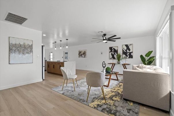 Dining room, Interior, Living room, Pendant Lights, Recessed Lighting, Wood Texture Flooring