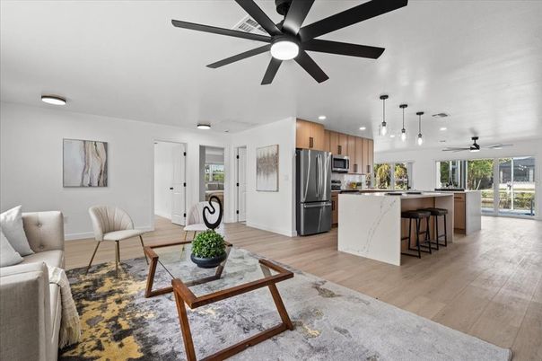 Interior, Kitchen, Living room, Pendant Lights, Recessed Lighting, Wood Texture Flooring