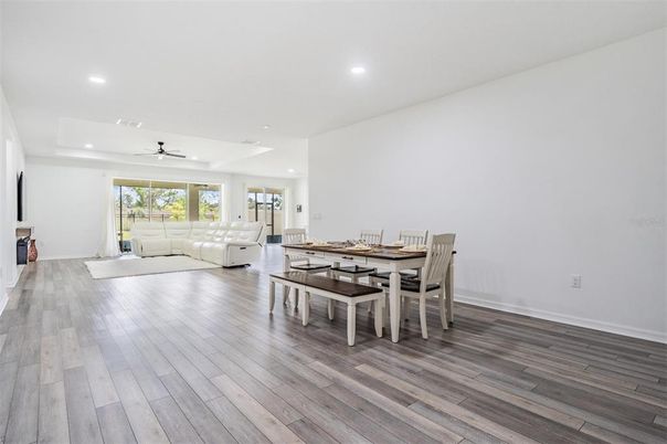 Dining room, Interior, Living room, Recessed Lighting, Wood Texture Flooring