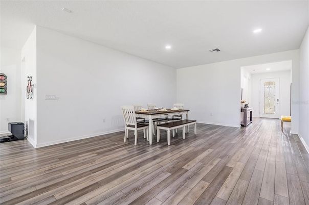 Dining room, Interior, Recessed Lighting, Wood Texture Flooring