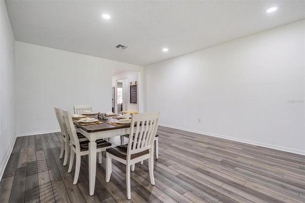 Dining room, Interior, Recessed Lighting, Wood Texture Flooring