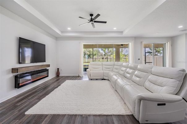 Fireplace, Interior, Living room, Recessed Lighting, Wood Texture Flooring