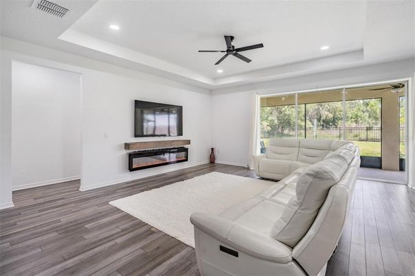Fireplace, Interior, Living room, Recessed Lighting, Wood Texture Flooring
