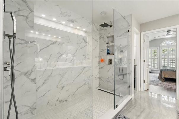Bathroom, Bedroom, Glass Shower, Interior, Marble Walls, Recessed Lighting