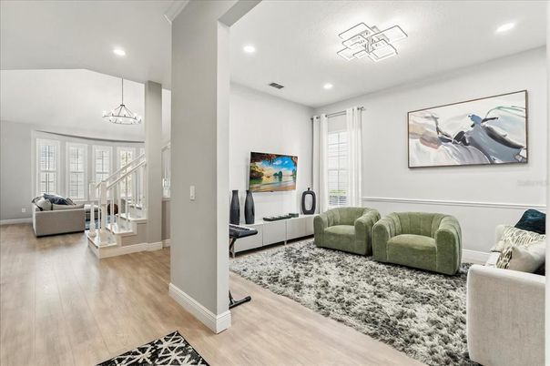 Interior, Living room, Pendant Lights, Recessed Lighting, Wood Texture Flooring