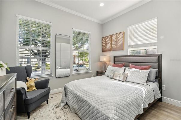 Bedroom, Interior, Recessed Lighting, Wood Texture Flooring
