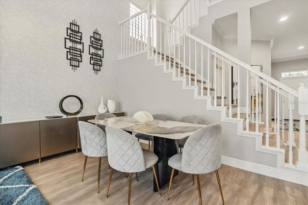 Dining room, Interior, Recessed Lighting, Wood Texture Flooring