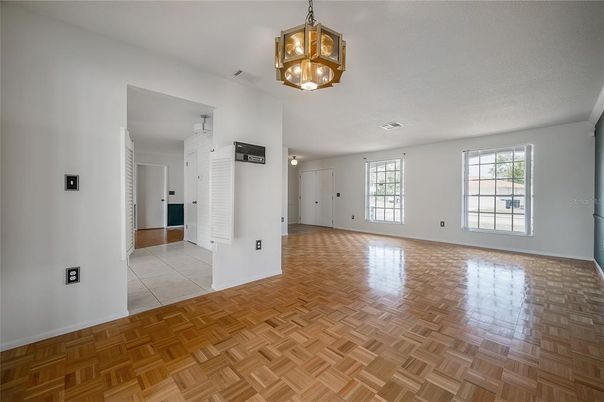 Empty room, Interior, Pendant Lights, Wood Texture Flooring