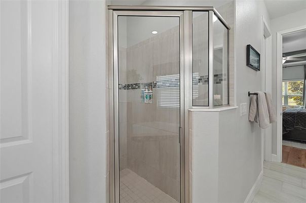 Bathroom, Glass Shower, Interior, Recessed Lighting, Wood Texture Flooring