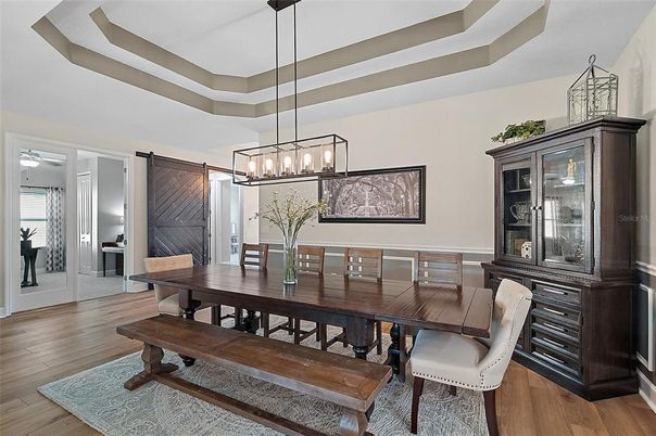 Chandelier, Dining room, Interior, Pendant Lights, Wood Texture Flooring