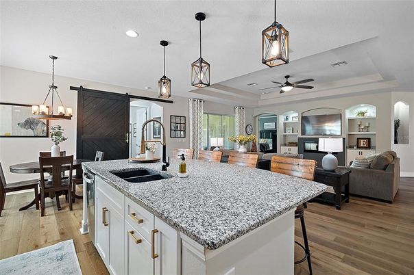 Dining room, Interior, Kitchen, Living room, Pendant Lights, Recessed Lighting, Wood Texture Flooring