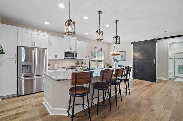 Interior, Kitchen, Pendant Lights, Recessed Lighting, Stainless Steel Appliances, Wood Texture Flooring