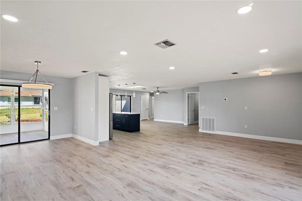 Empty room, Interior, Pendant Lights, Recessed Lighting, Wood Texture Flooring