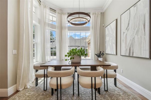 Dining room, Interior, Pendant Lights, Wood Texture Flooring