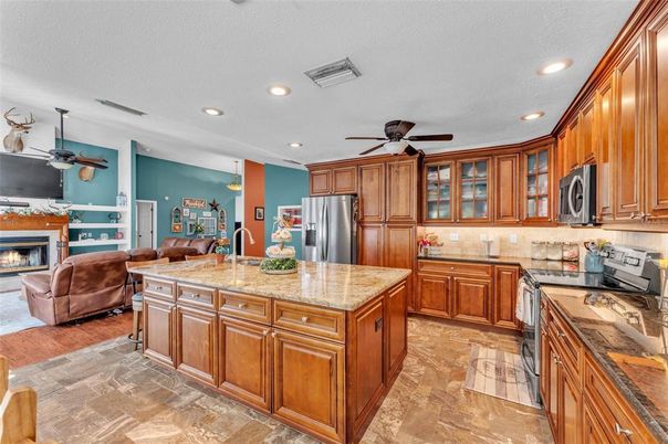 Fireplace, Interior, Kitchen, Living room, Recessed Lighting, Stainless Steel Appliances