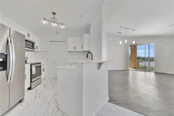 Interior, Kitchen, Marble, Pendant Lights, Stainless Steel Appliances, Water