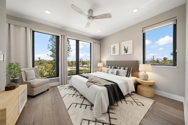 Bedroom, Interior, Recessed Lighting, Wood Texture Flooring