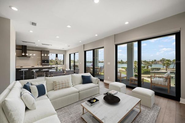 Dining room, Interior, Kitchen, Living room, Pendant Lights, Recessed Lighting, Water, Wood Texture Flooring