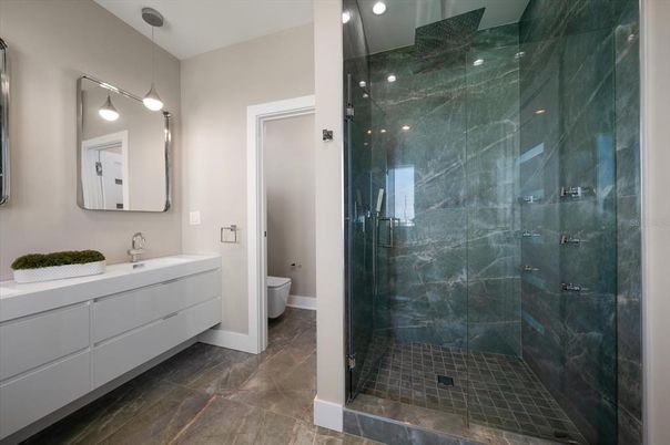 Bathroom, Dual Sink Vanities, Glass Shower, Interior, Recessed Lighting