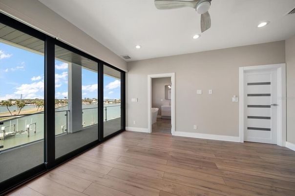 Bathroom, Empty room, Interior, Recessed Lighting, Water, Wood Texture Flooring