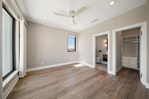 Bathroom, Empty room, Interior, Recessed Lighting, Wood Texture Flooring
