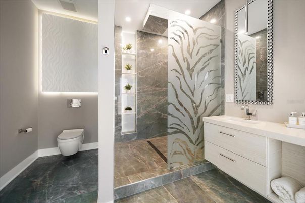 Bathroom, Glass Shower, Interior, Recessed Lighting